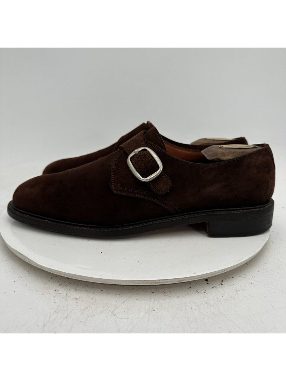 Lottusse Men Size 8.5 Dark Brown Suede Buckle Single Monk Strap Dress Shoes